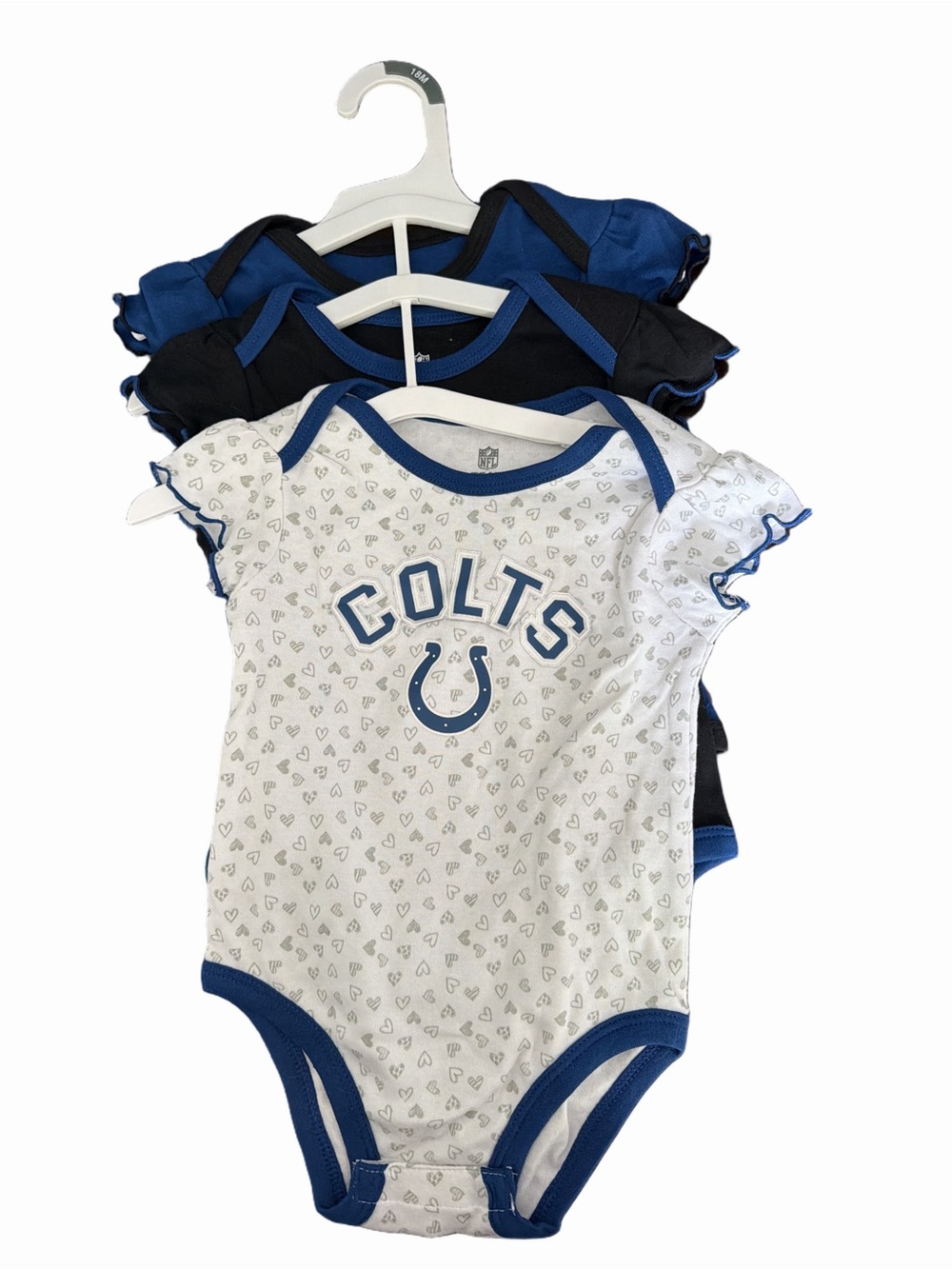 NFL Colts 3-Pack Baby One-Piece Bodysuits in White, Royal Blue & Black.
